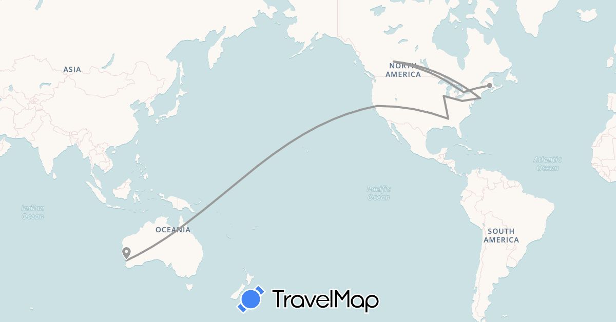 TravelMap itinerary: plane in Australia, Canada, United States (North America, Oceania)
